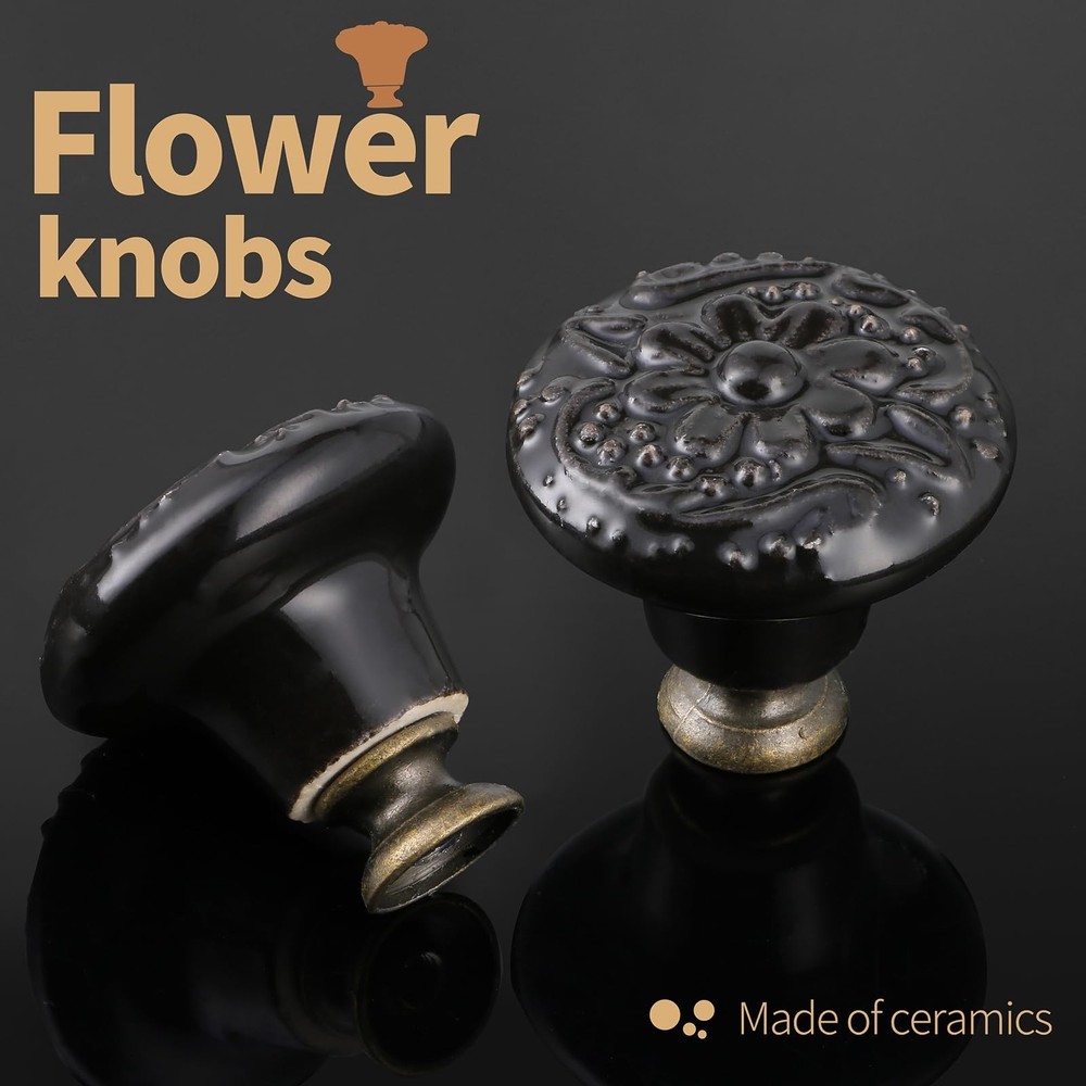 Black Ceramic Knobs 20 Pack Flower Drawer Pulls Vintage Cabinet Knobs - Antiq...