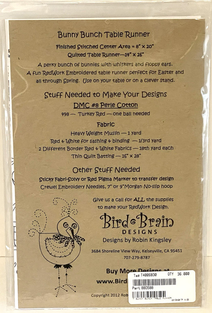 Bird Brain Traceable Embroidery Pattern - BUNNY BUNCH Quilted Table Runner #588