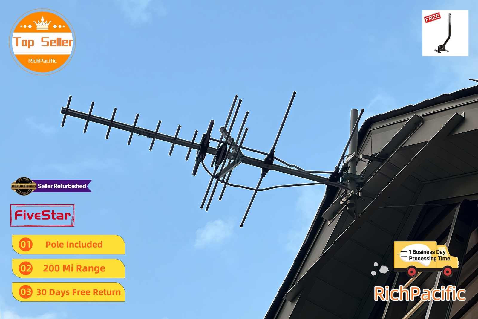 Long Range Yagi HDTV Antenna Outdoor 250 Mile UHF VHF FM Signal Booster