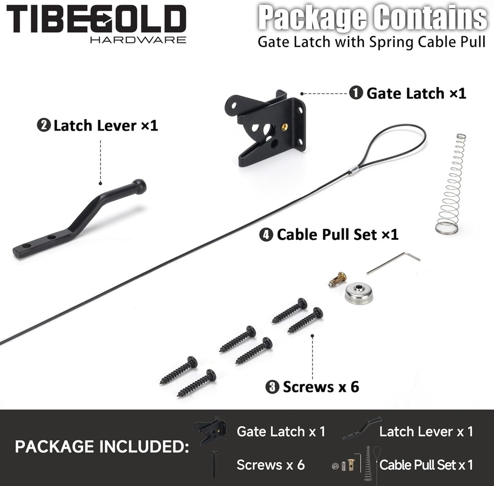 Self Locking Gate Latch with Spring Cable Pull, Black Gravity Lever Door...