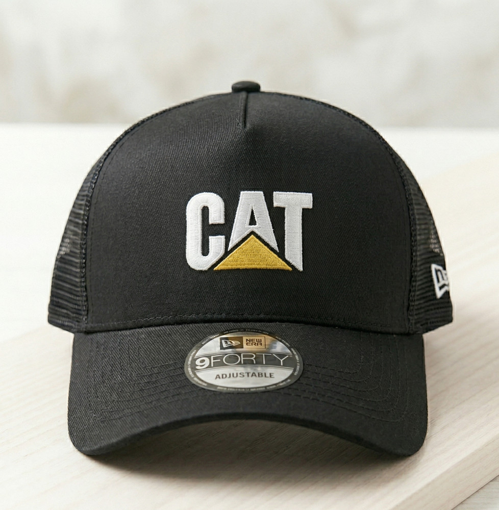 CAT Caterpillar Trucker Hat Black Mesh Back Adjustable Snapback Cap