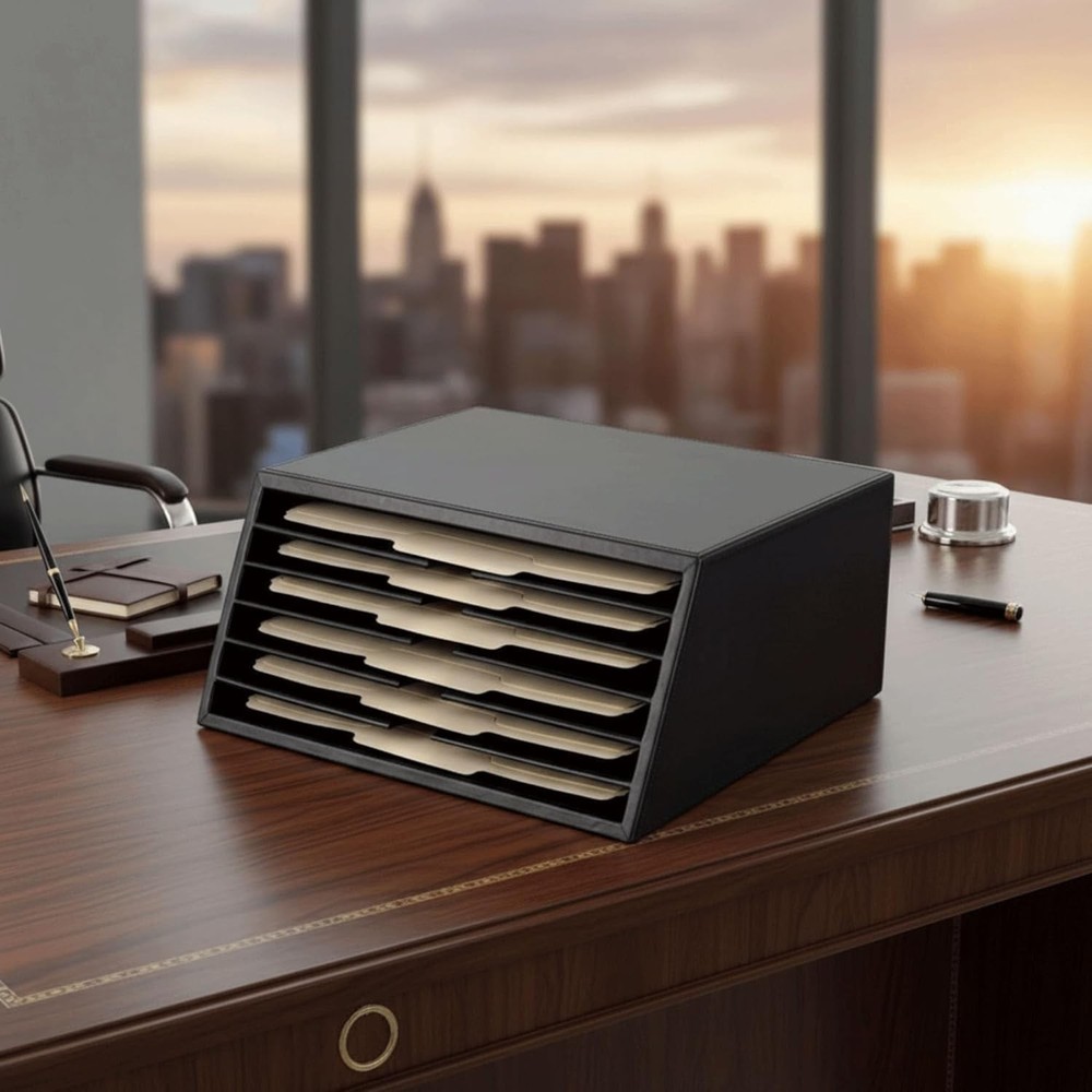 Black Leather 6-Tray File Sorter