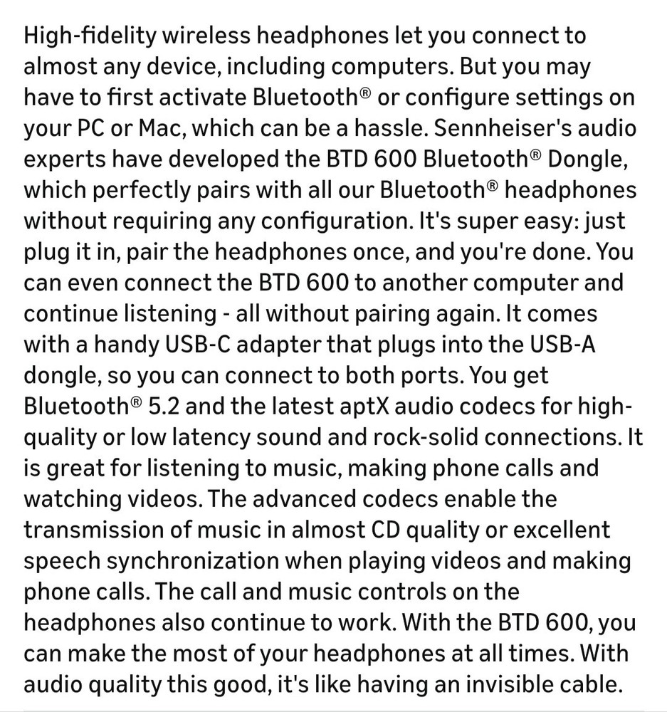 Sennheiser BTD 600 Bluetooth Dongle - USB-A/USB-C Adapter