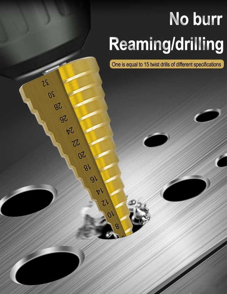 6Pcs Titanium Coated Drill Bit Set, 3 Step Bits + 3 Serrated