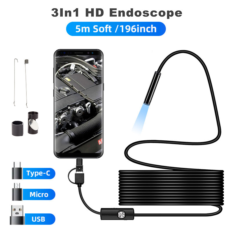 Borescope Endoscope Snake Inspection Camera 6LED for Android Type-c