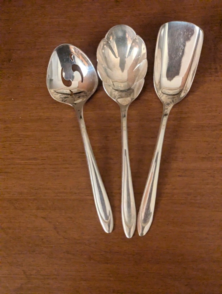 3-VINTAGE  FIRST LADY SILVERPLATE -SHELL SUGAR, SUGAR SIFTER, BON BON SPOONS
