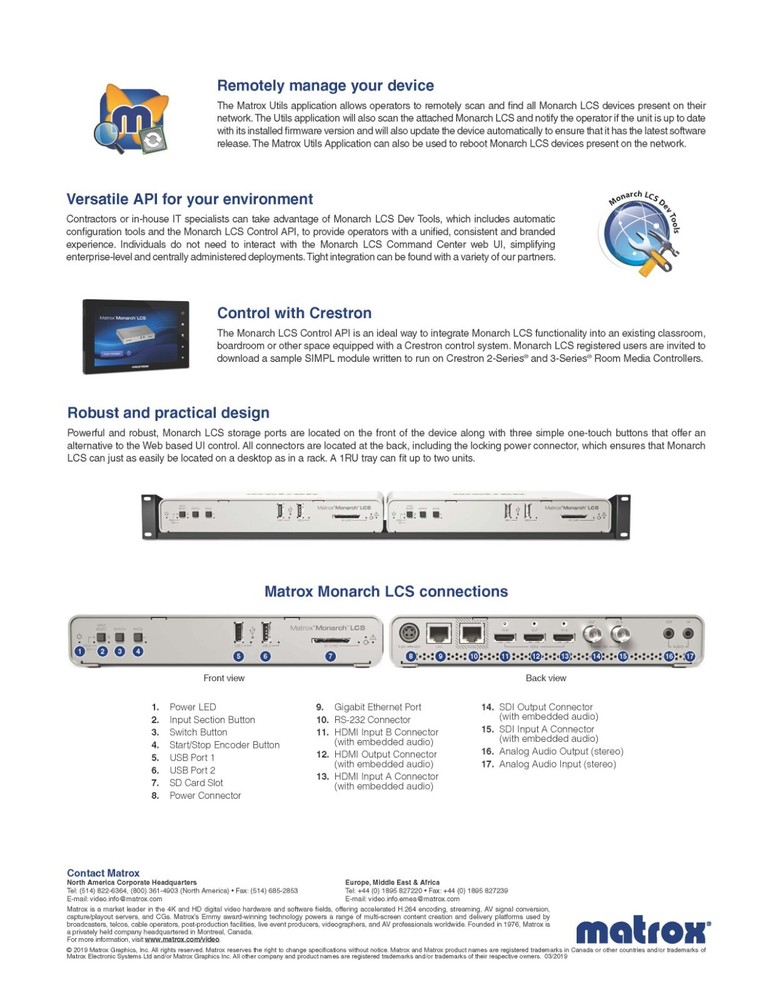 Matrox Monarch LCS - IP Streaming Encoder - HDMI & SDI Inputs - w/power supply