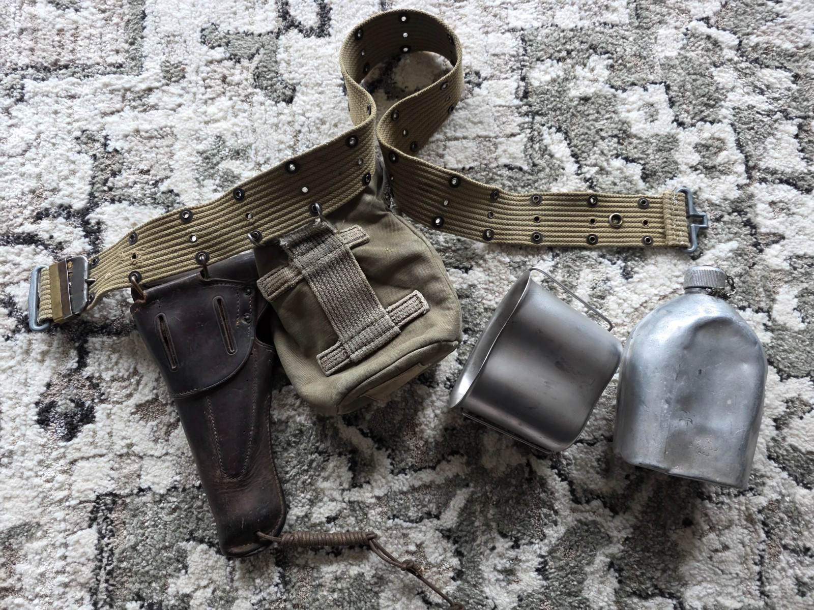 WWII era field gear lot .45 leather pistol holster canteen cover belt etc
