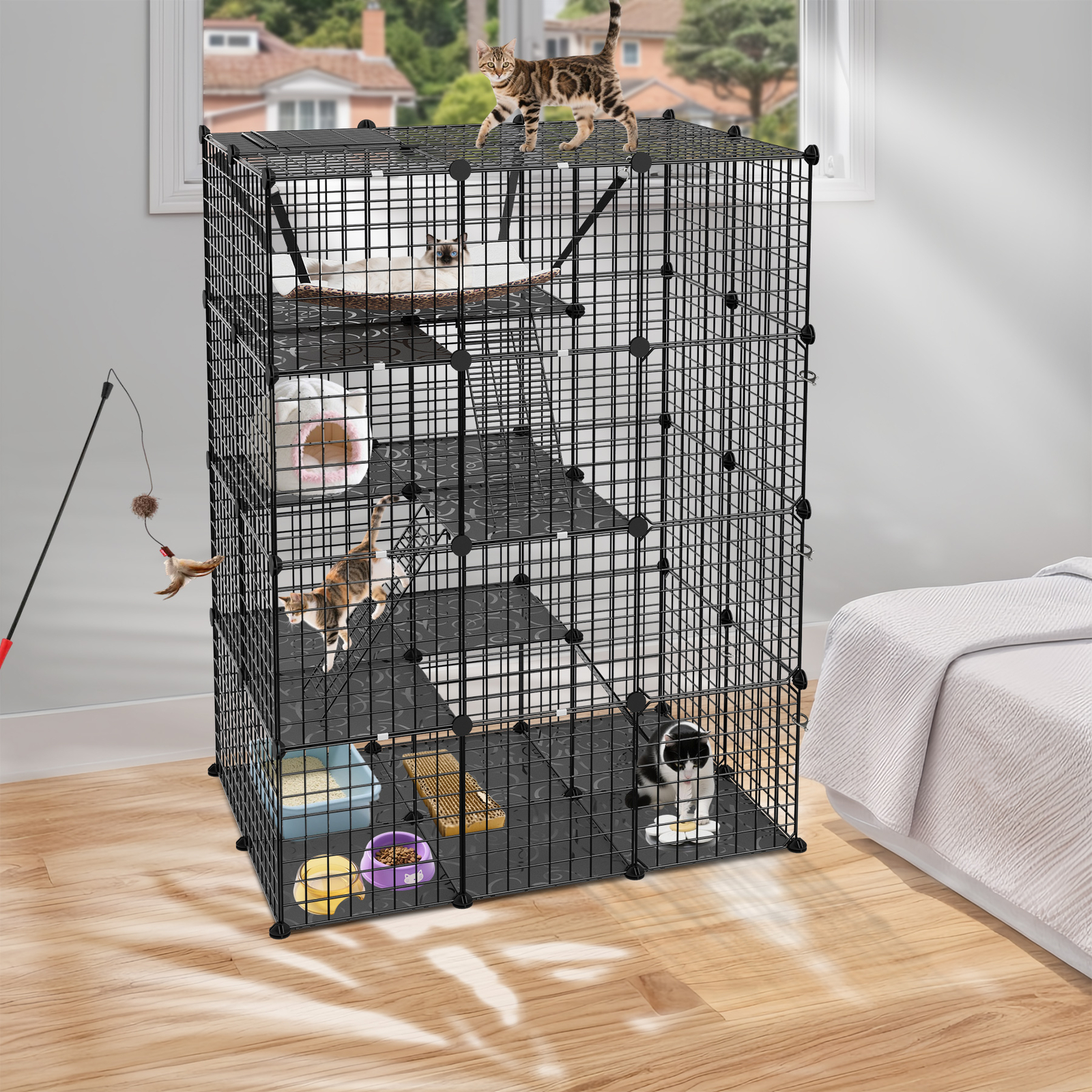 4-Tier Cat Cage Indoor Cat Enclosures DIY Detachable Metal Cat Kennel w/Hammock