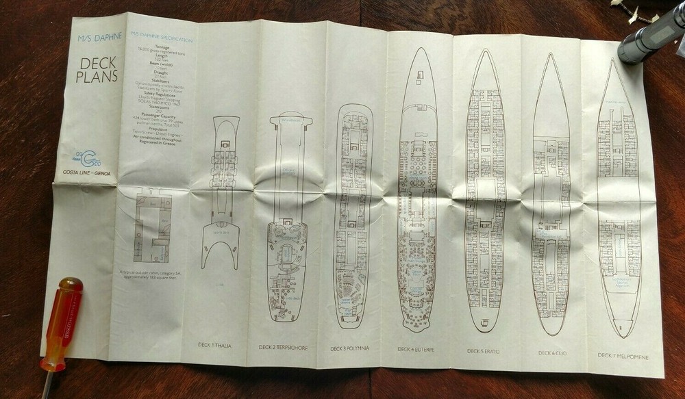 Vintage Cruise Ship Deck Plan COSTA LINE GENOA MS DAPHNE
