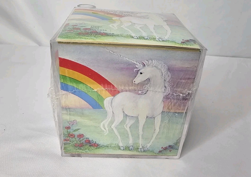 Vintage Memo Cube Stationary 3.5x35 Unicorn Rainbow USA Pen Holder