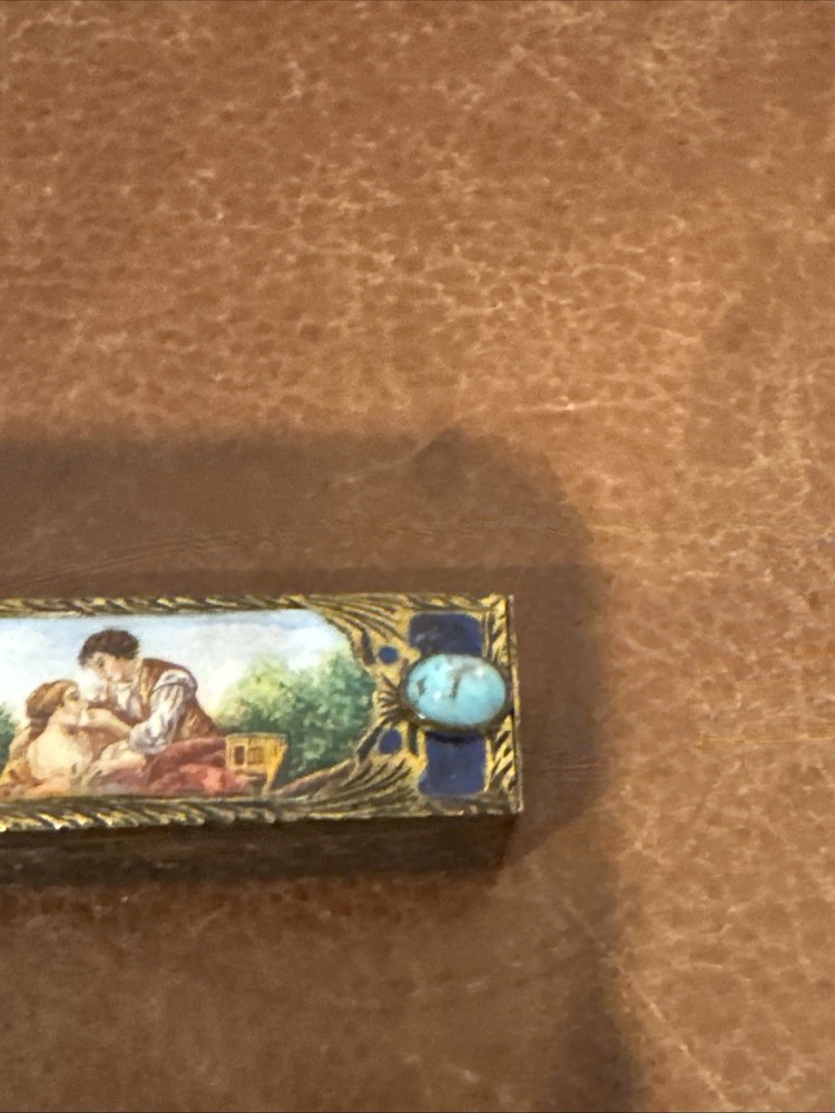 Old Solid Silver 800 Lipstick Case Unique Box Porcelain Polychrome Plaque 20th C
