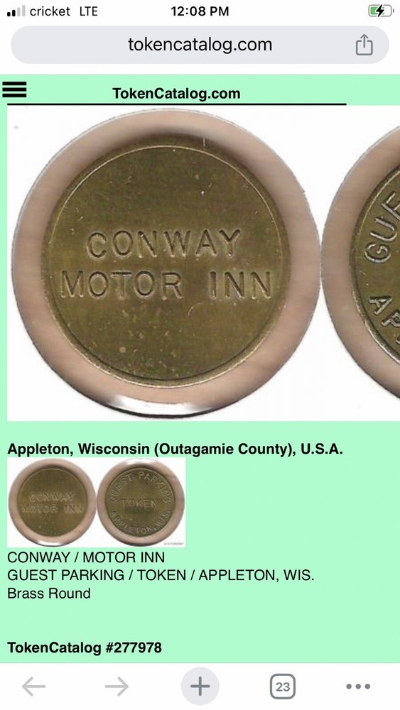 Parking Token - Conway Hotel - Appleton, Wisconsin