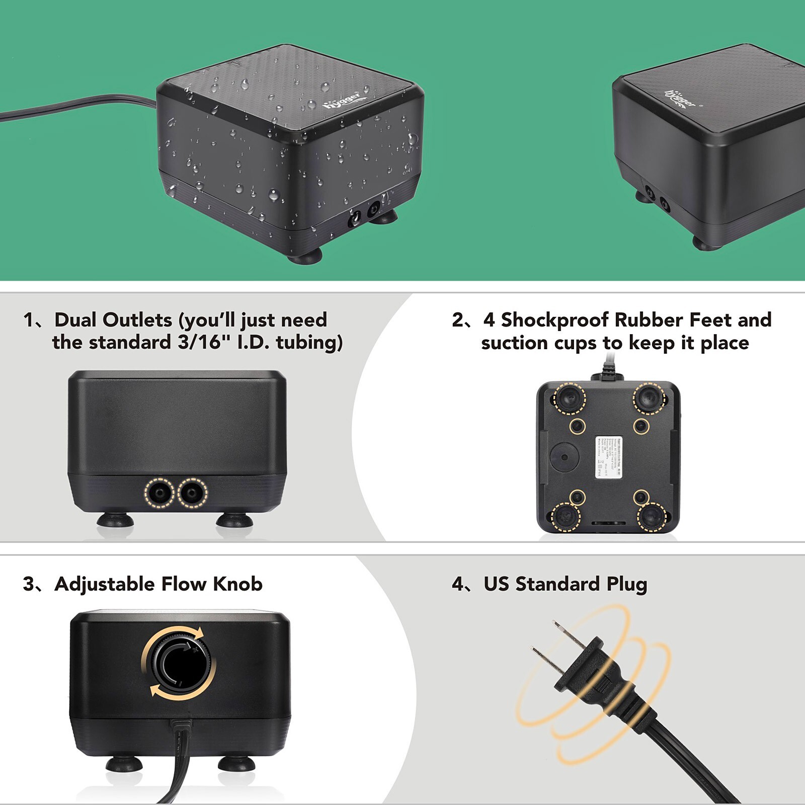 hygger 5W/10W Dual Outlet Aquarium Air Pump Silent Adjustable Oxygen Up to 150G