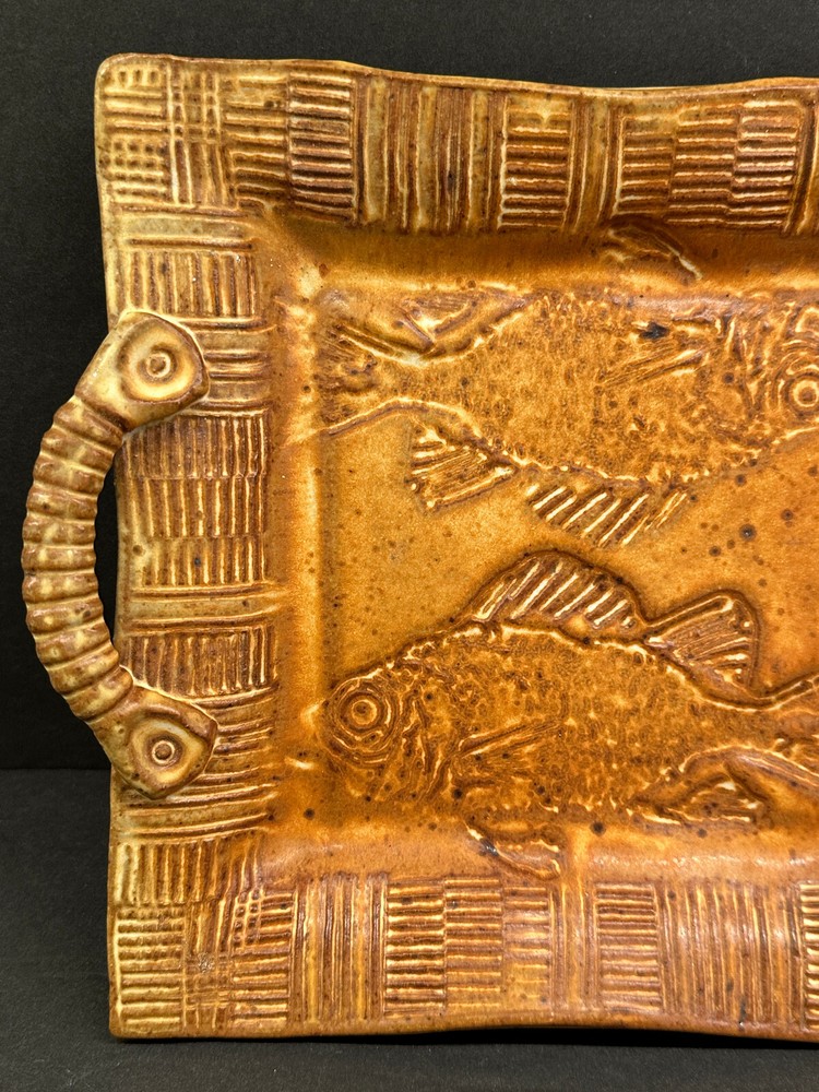 Studio Art Pottery Square Imprinted Fish - Double Handled Serving Tray/Dish