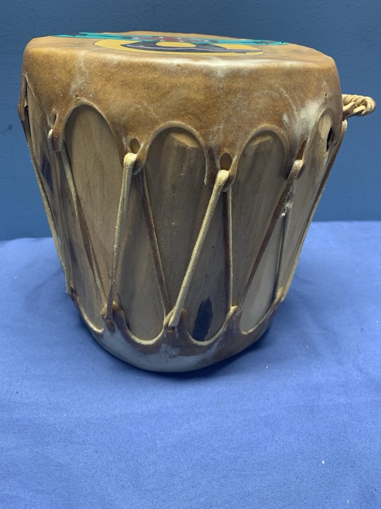 Unknown Native American Hand Made Double Head Animal Hide Drum Blk Bear
