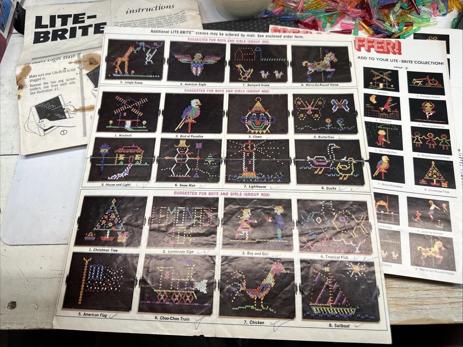 Lite Brite Vintage 1970s Milton Bradley Toy Sheets & Pegs Picture Refills