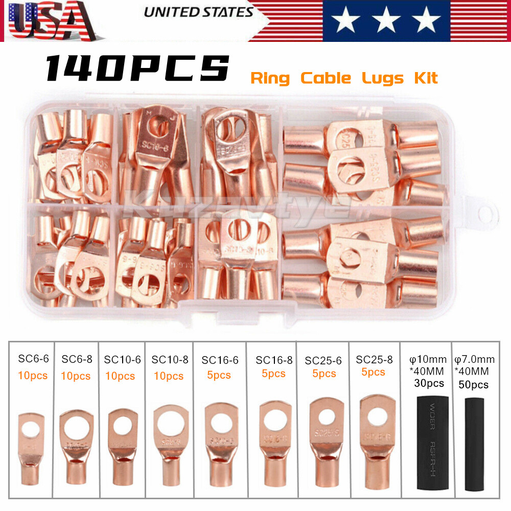 140/280Pcs Battery Cable Lugs Eyelets Copper Ring Terminal Crimp Wire Connectors