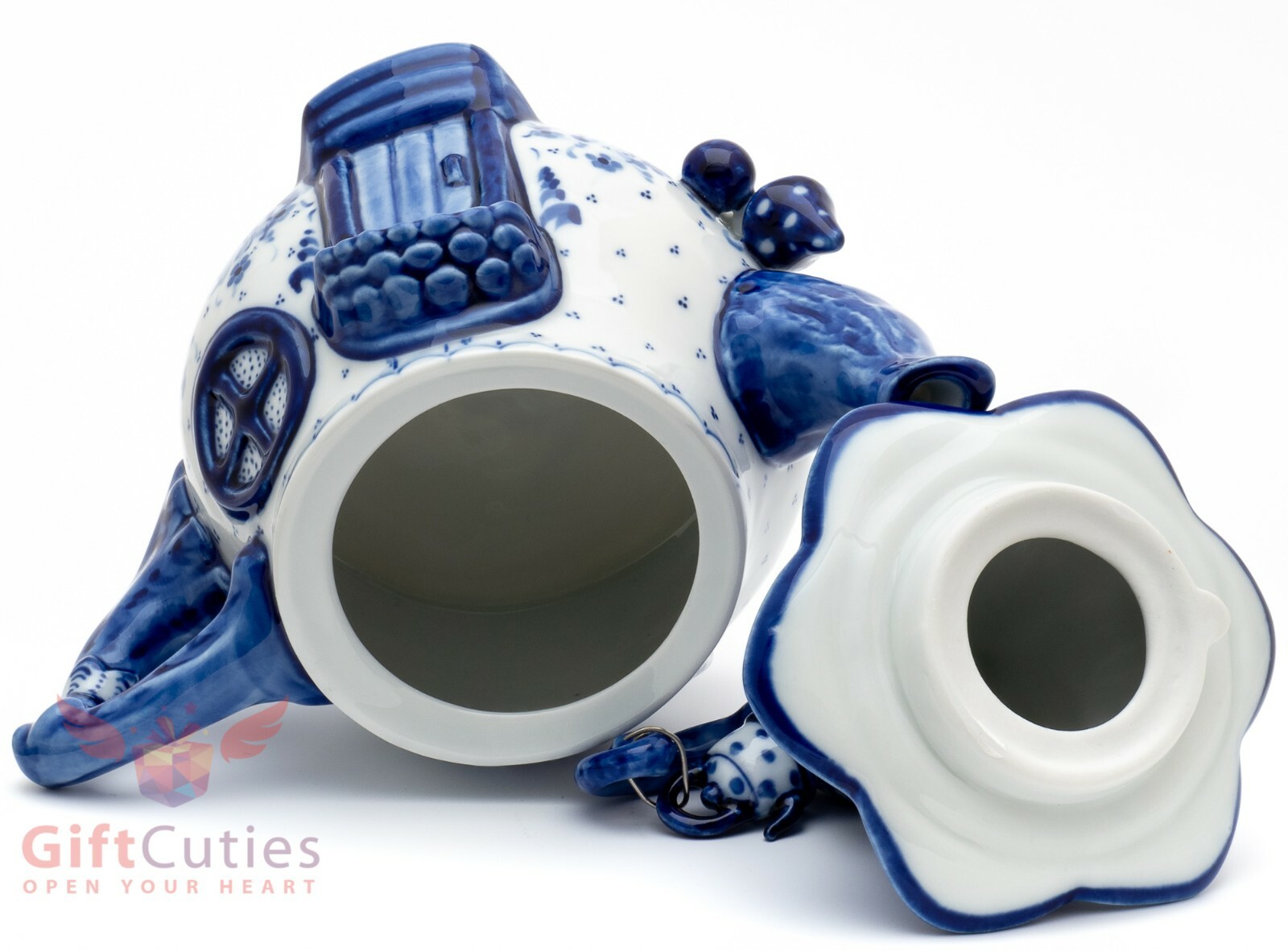 Porcelain Gzhel teapot in shape of a house souvenir handmade Гжель