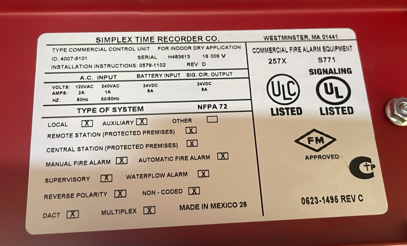 Simplex 4007es Fire Alarm Control Panel 4007-9101