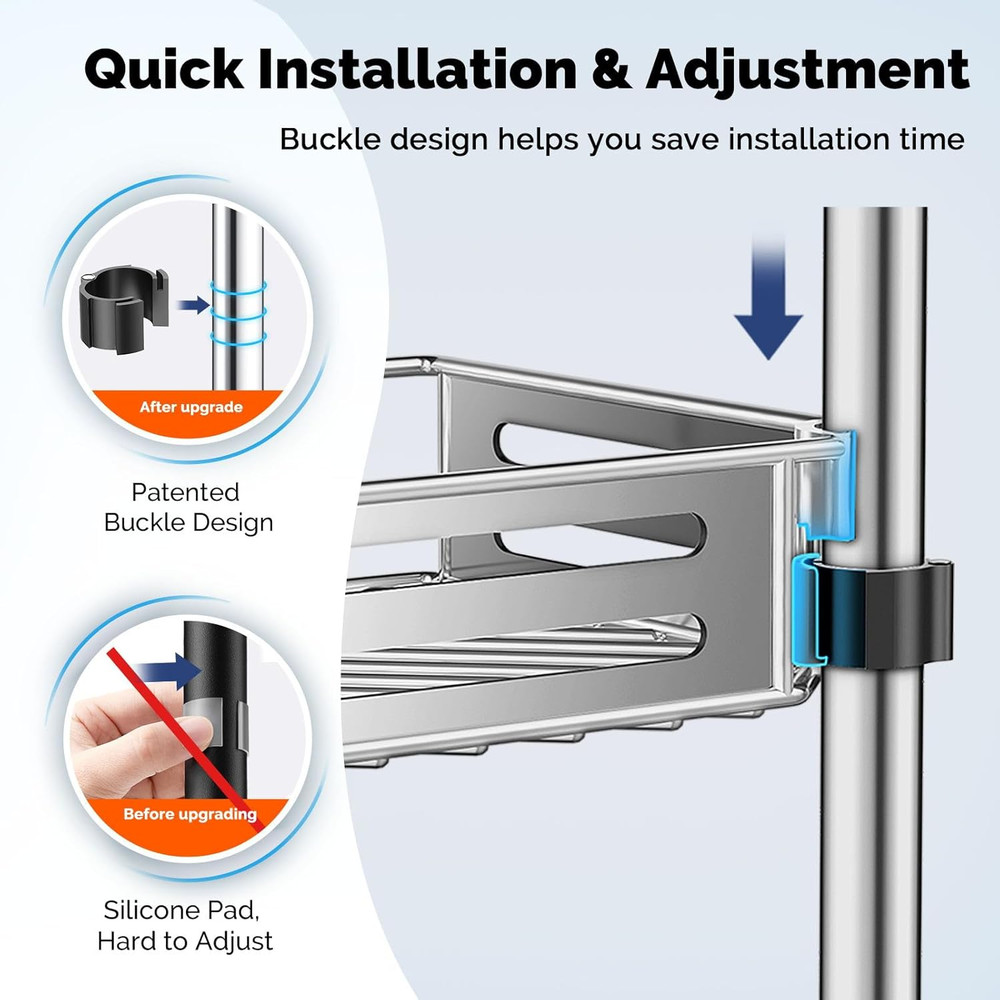 Corner Shower Caddy Tension Pole: Quick Installation 4-Tier Rustproof Bathroom O