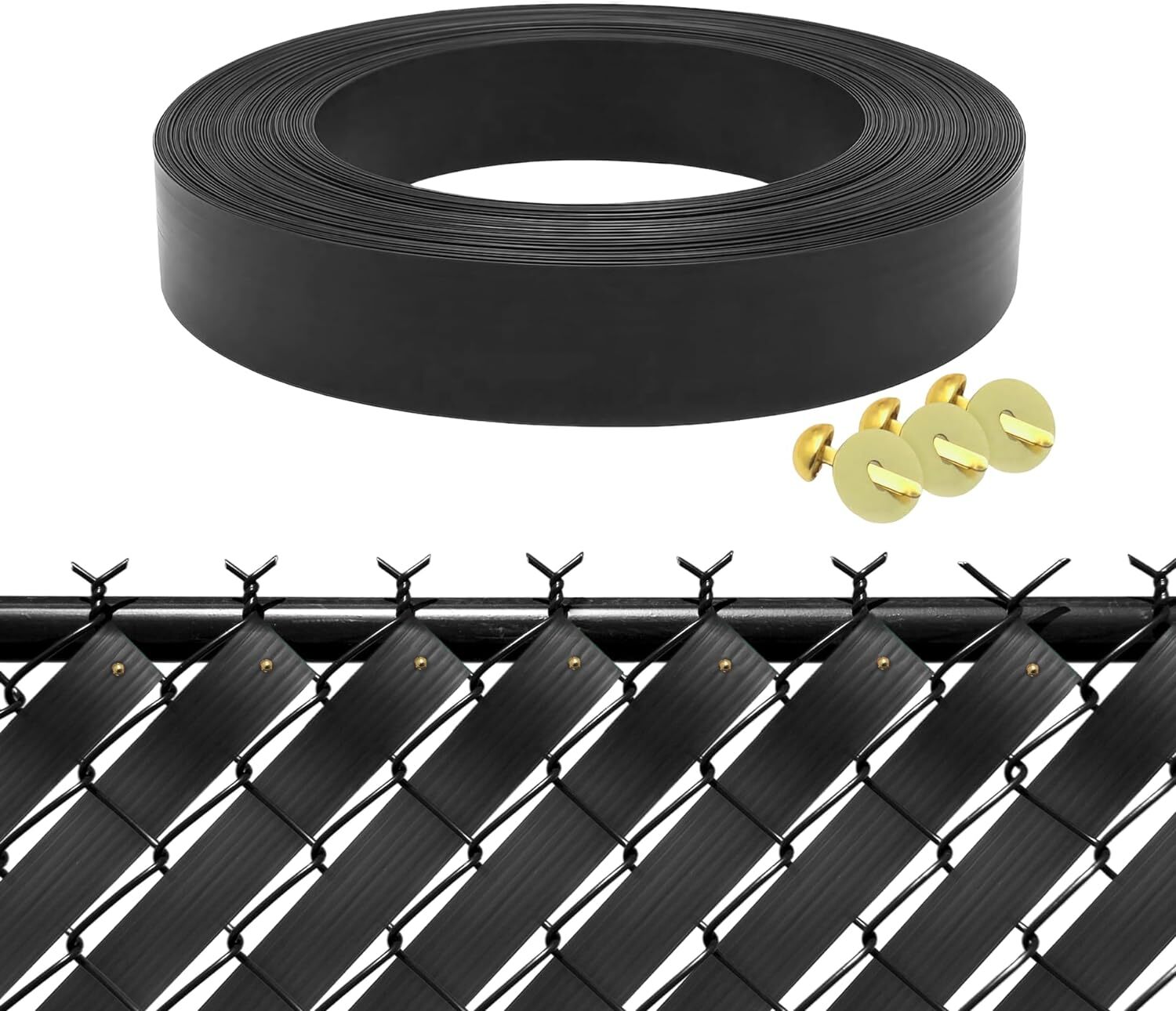 Chain Link Fence Privacy Slats Tape w/ Brass Fasteners, Black, 1.8 in x 250 ft