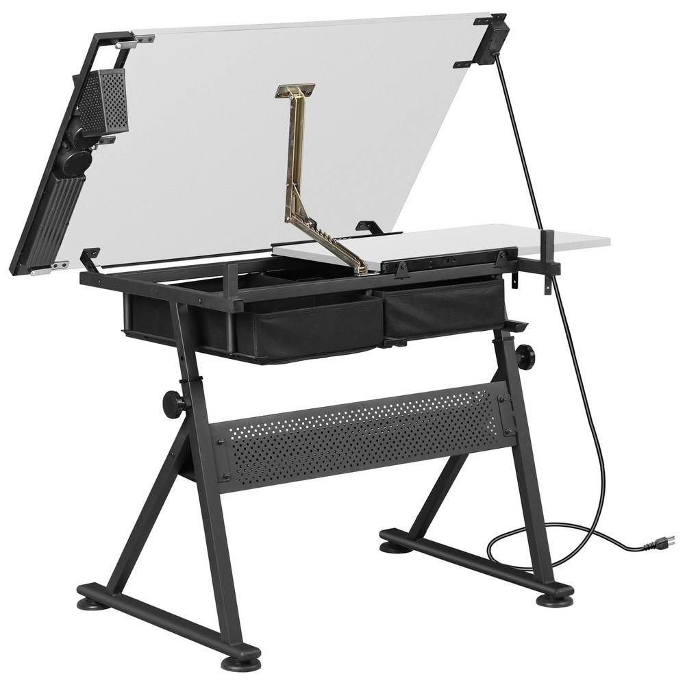 Drawing Drafting Table Stage Platform Adjustable Height W/ Stool Outlet White