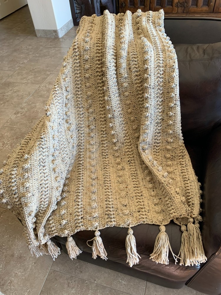 Handmade Home Crocheted Afghan - Popcorn Stripe (Buff Fleck)