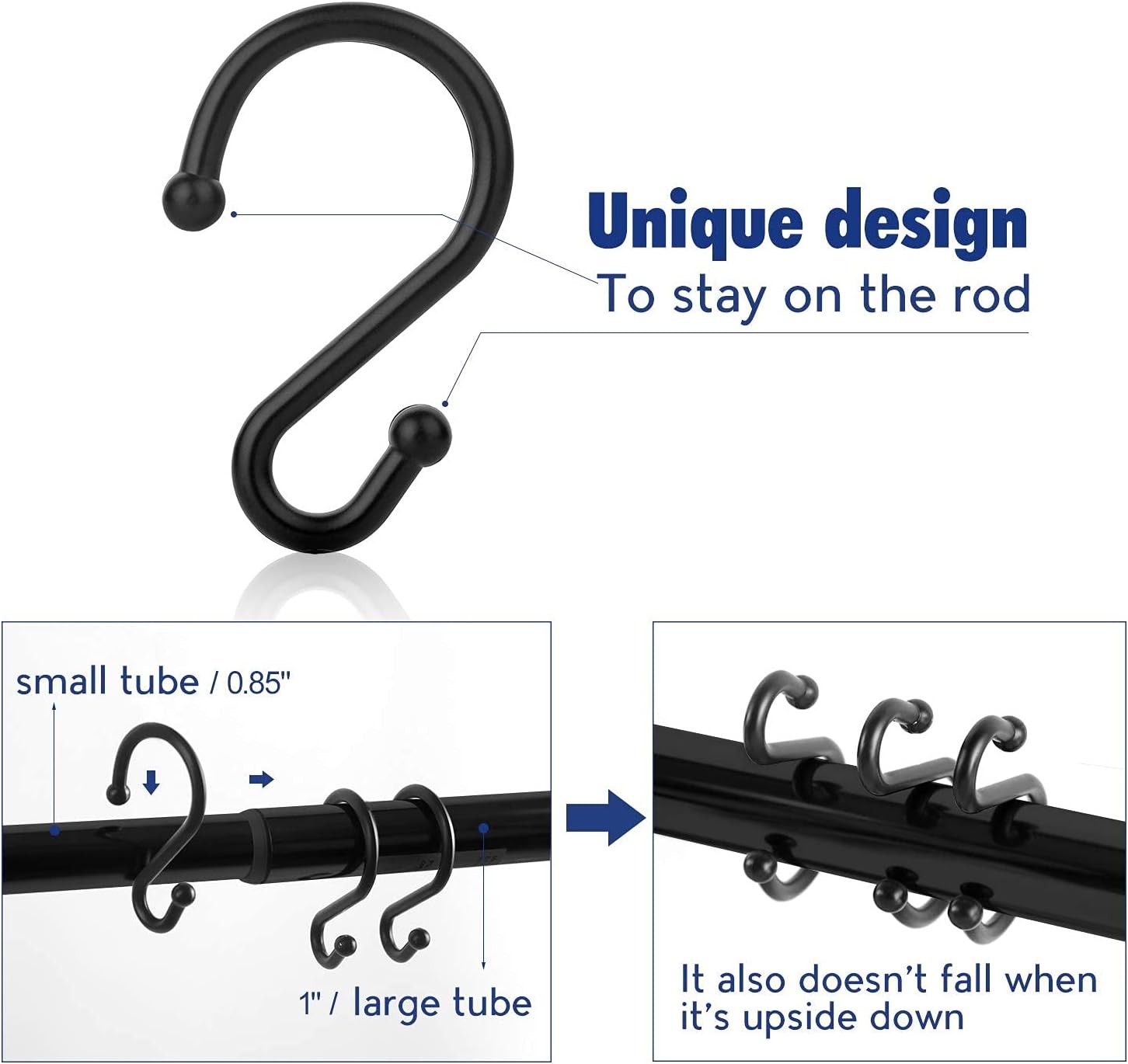 Metal Shower Curtain Hooks，Set of 12 Rings，Rust Resistant S 12PCS, Black