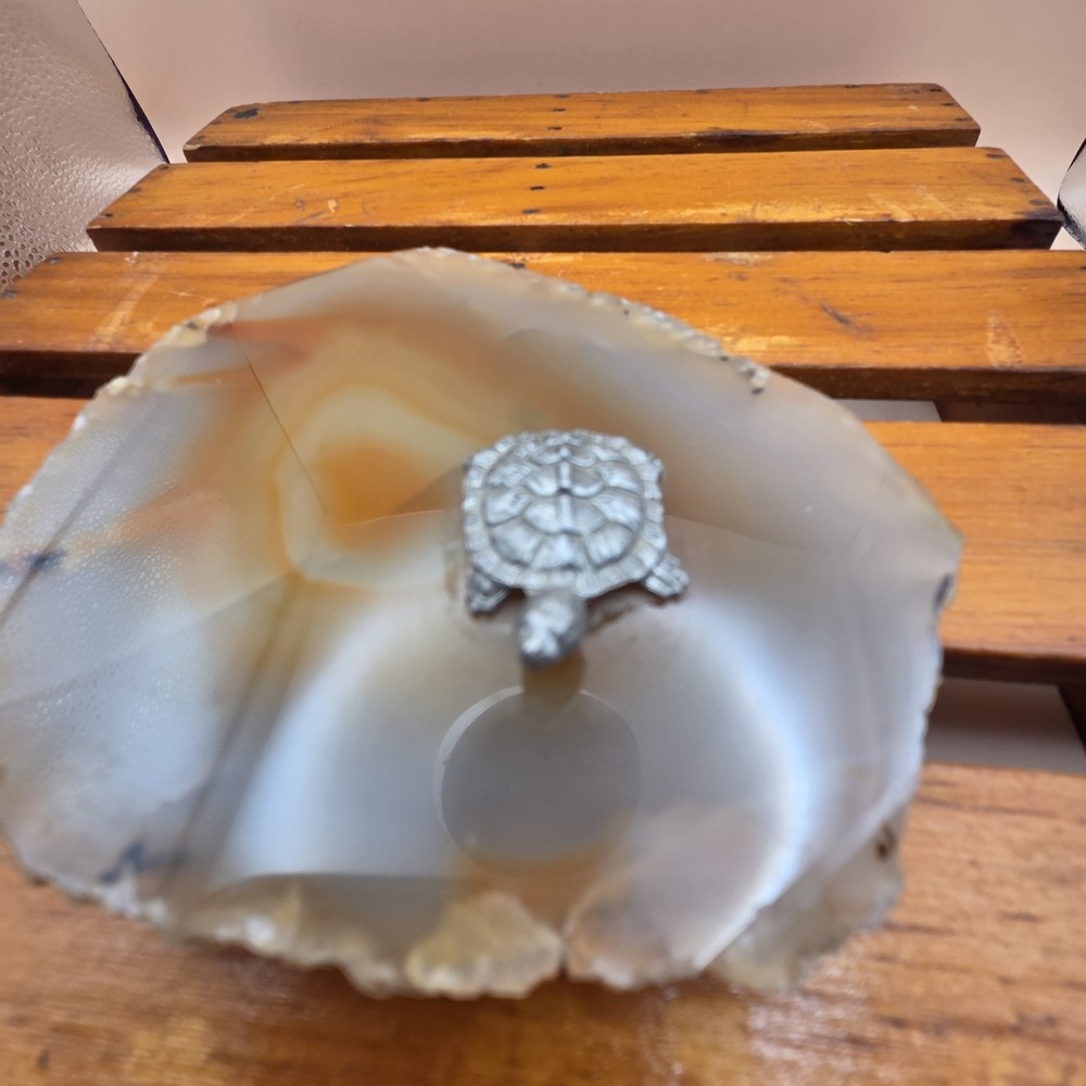 Pewter Turtle Figurine On Agate Slab