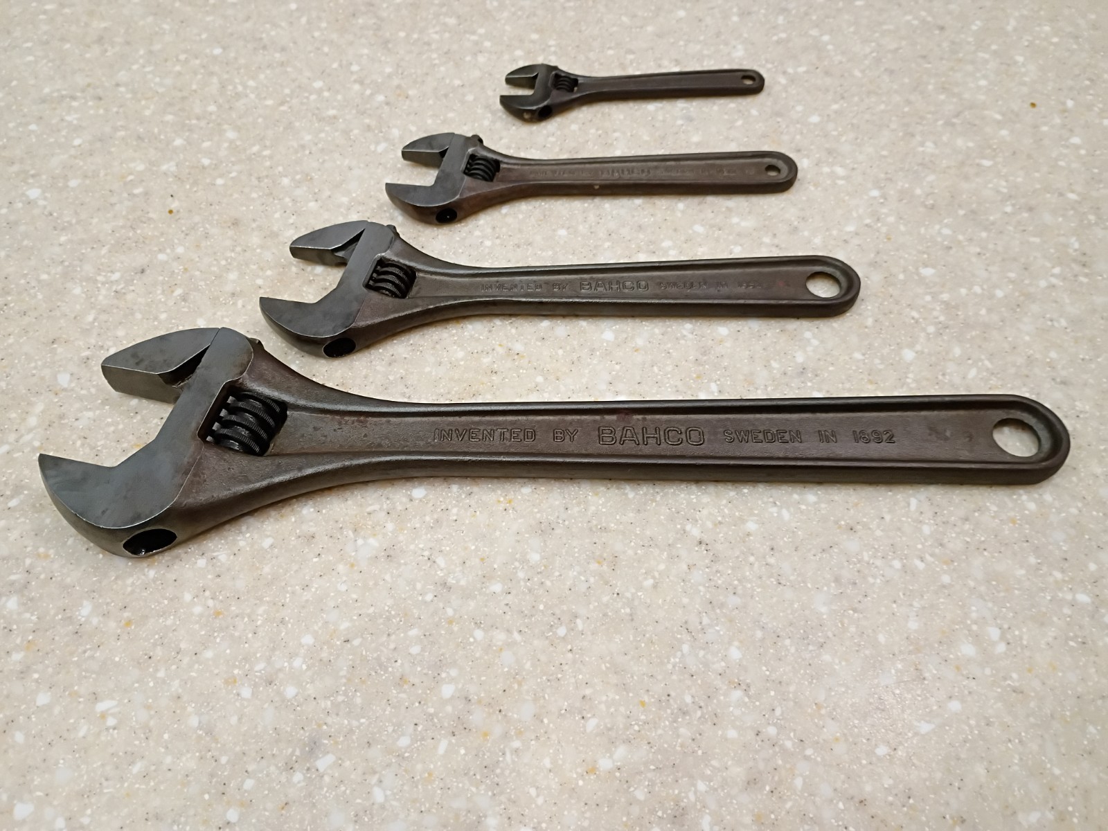 Vintage set of 4 Bahco Sweden Adjustable Wrenches spanner monkey 12" 8" 6" 4"