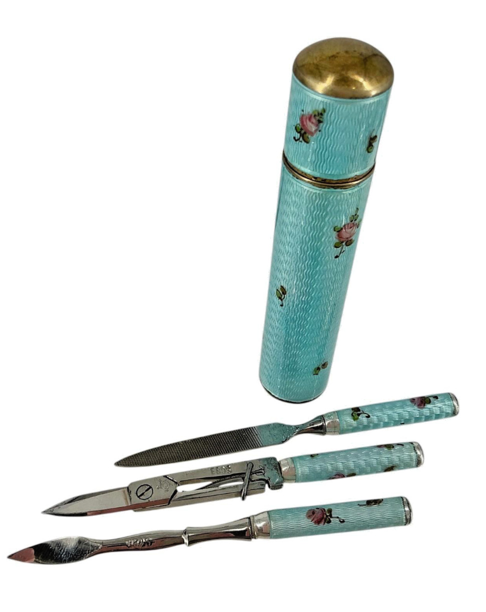 Antique Guilloche Enamel Sterling Silver 935 Manicure Etui Set Holder - Germany