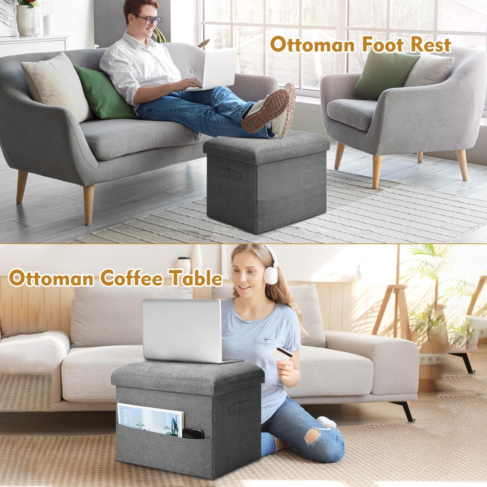 Storage Ottoman with Extra Thick Foam Padded Seat, Foldable Foot Rest Stool w...