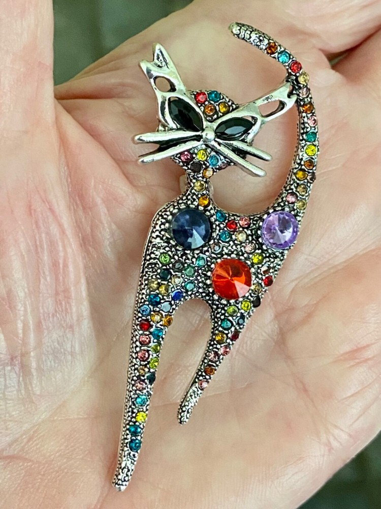 Multicolor Rhinestone Silver Cat Brooch Box included