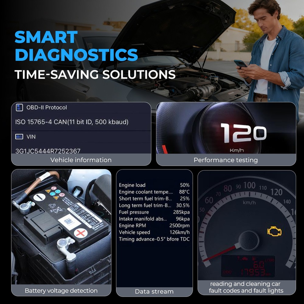 OBD2 Scanner Bluetooth with AI for iOS Android, Car Code Reader No Subscription
