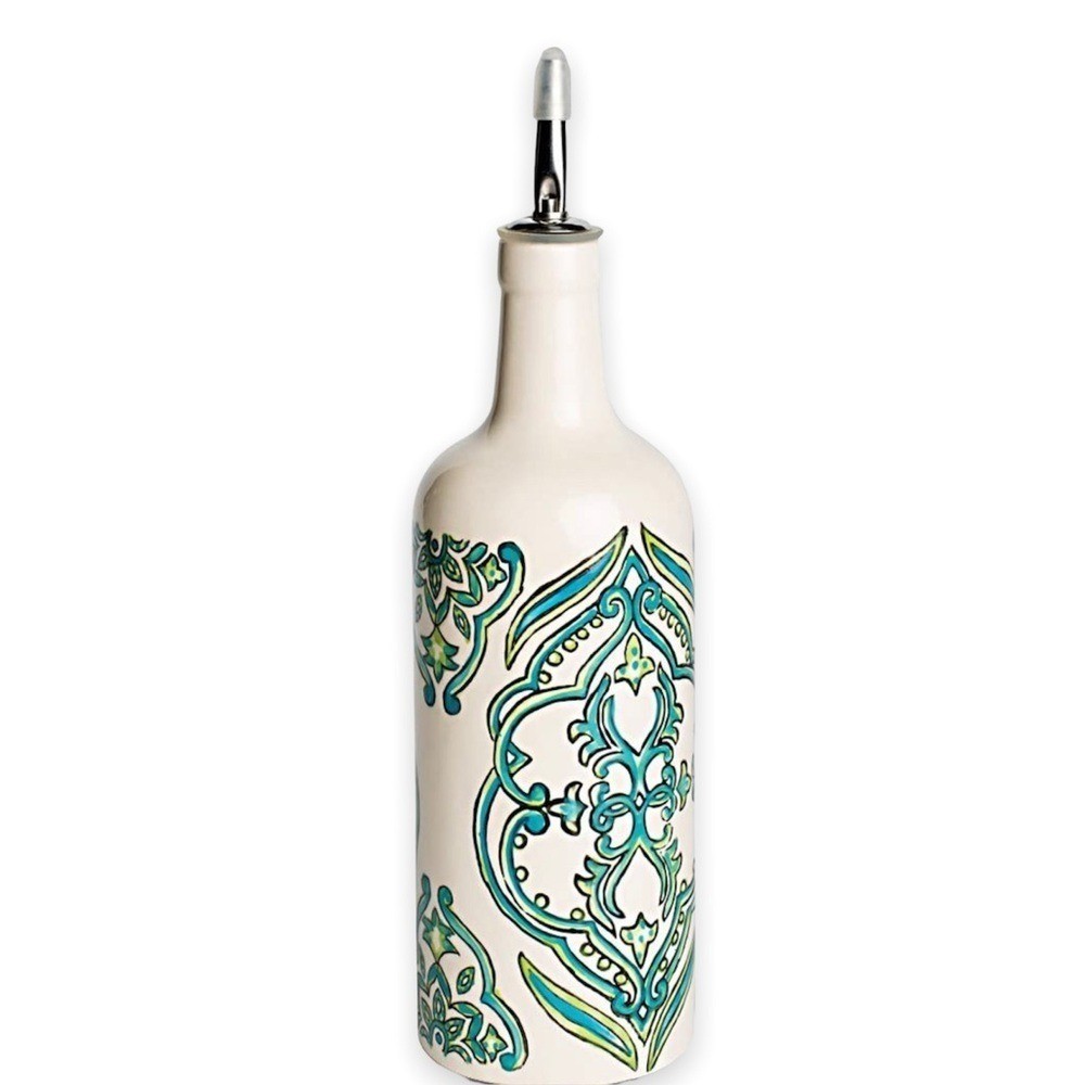 Thyme Ceramic Hand Painted Oil Bottle White & Green 350ml