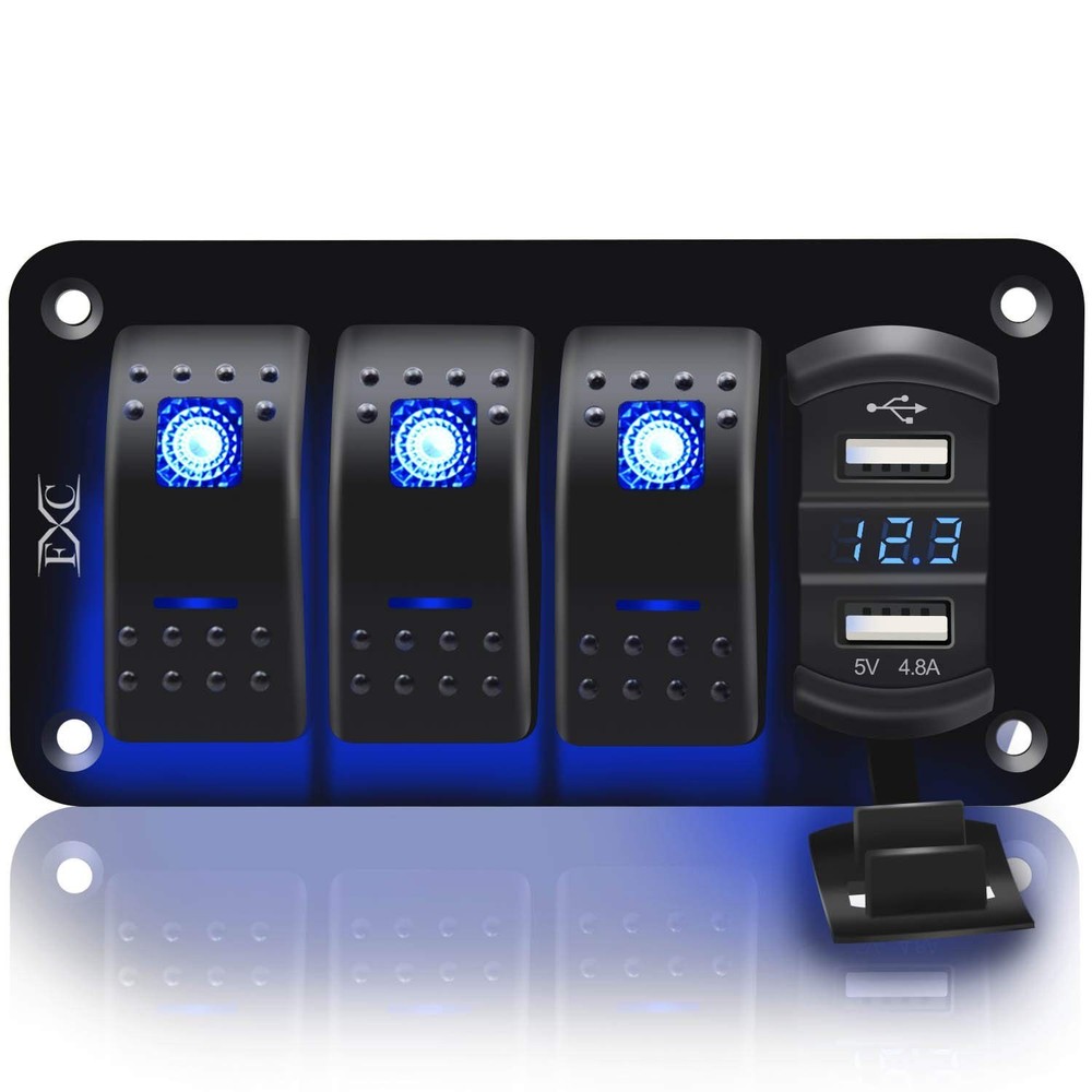 Multi-Function 3 Gang Rocker Switch Panel with Blue LED, USB Charger & Voltmeter