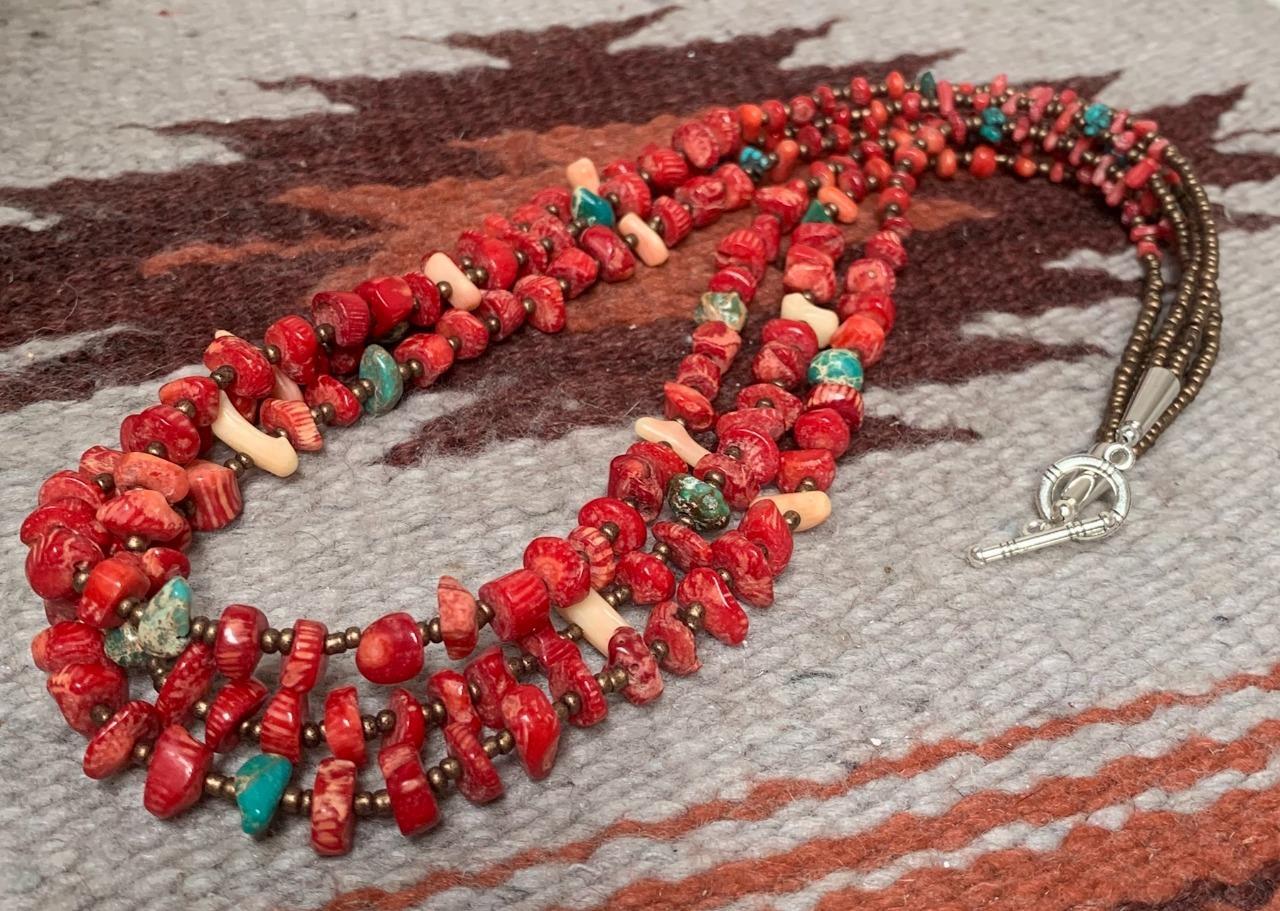 Multi-strands coral/turquoise nugget necklace//24" (t316c-w2.5)