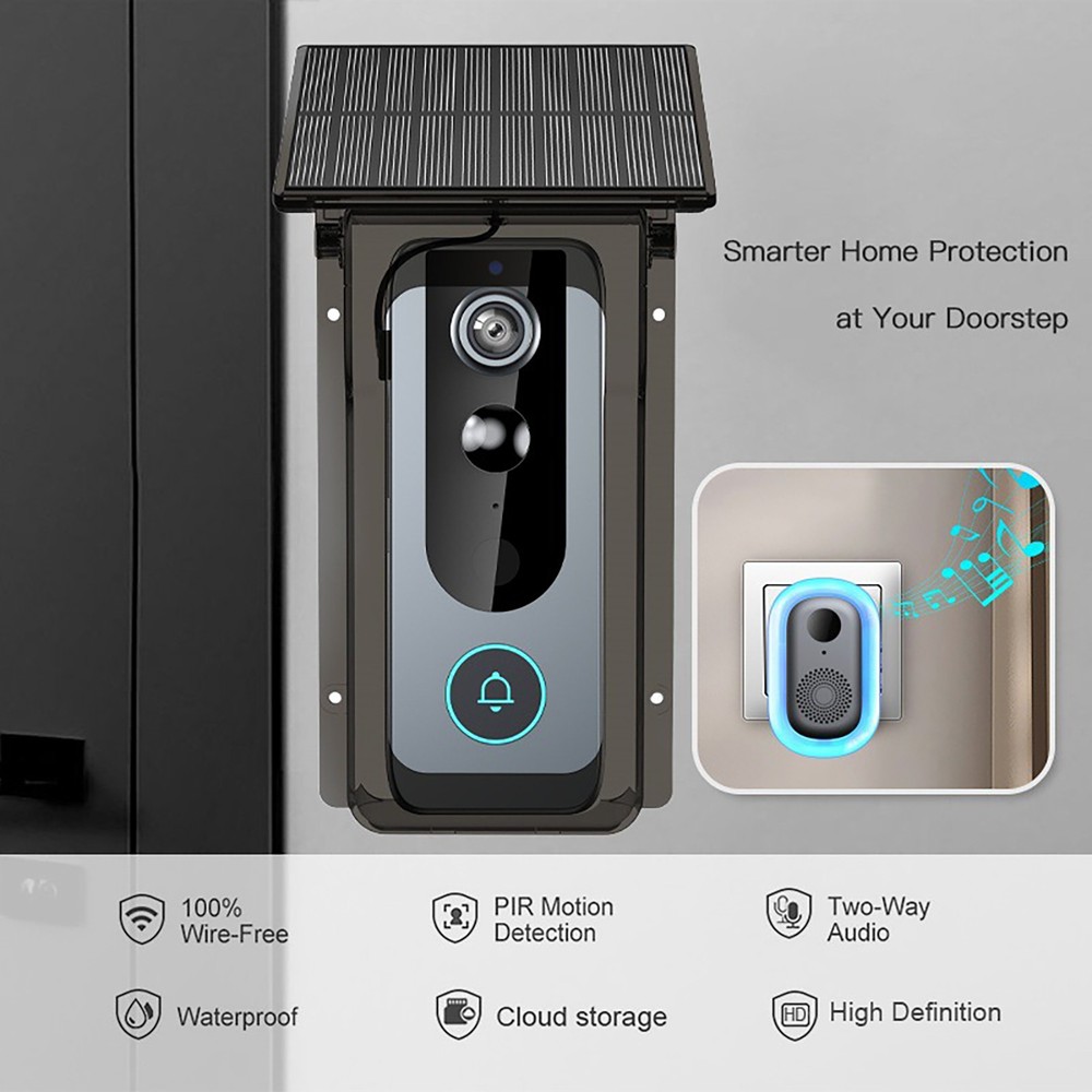 Smart Wireless Solar Video Doorbell WiFi Phone Intercom Camera Door Ring Bell