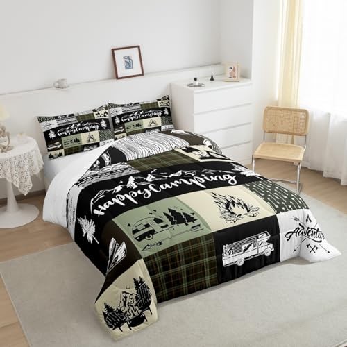 Camping Camper Size Comforter Set,RV Inside Decor Rustic Full Camping 06