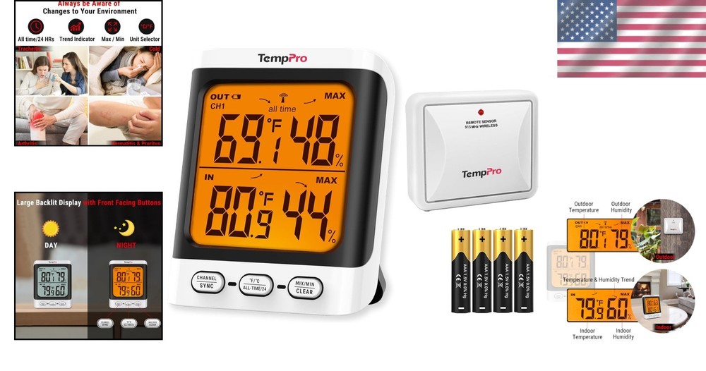 Large Backlit Display Outdoor Thermometer with Front Buttons