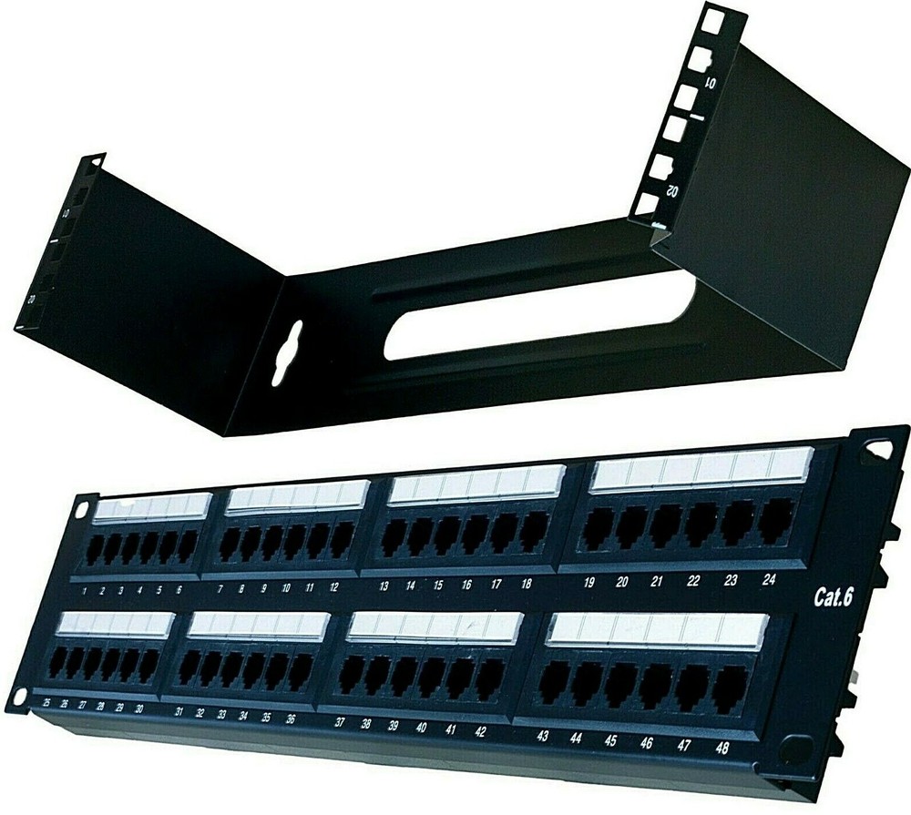 CAT6 48 Port Patch Panel w/ 2U Hinged Wall Bracket, Square Nuts, Tie Wraps