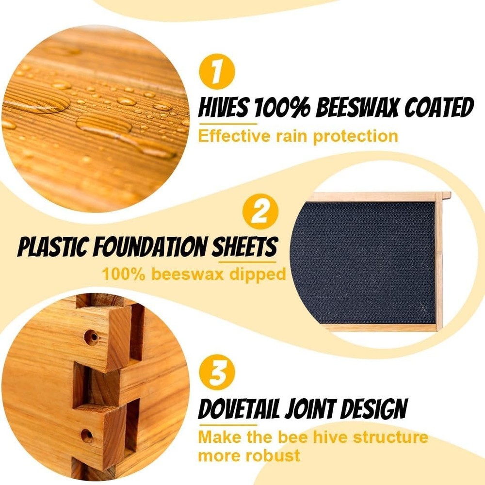 8-Frame Beehive Complete Bee Hive Boxes Starter Kit Dipped in Beeswax Include...