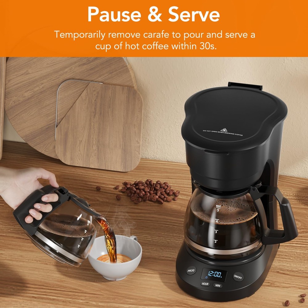 5-Cup Programmable Drip Coffee Maker, a compact coffee machine with a digital...