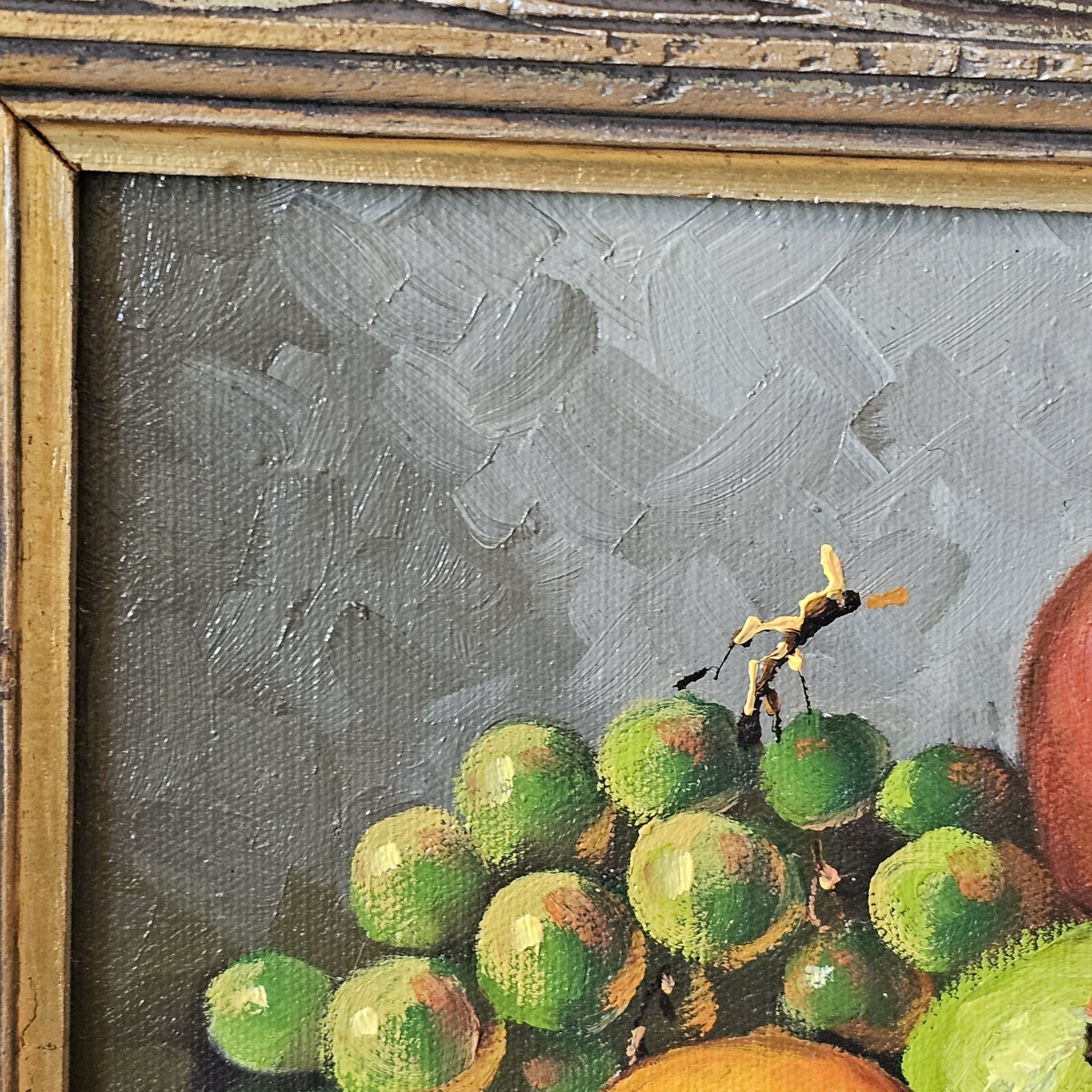 Vintage Still Life Fruit Bowl Oil Painting Apple Canvas Wood Frame Midcentury