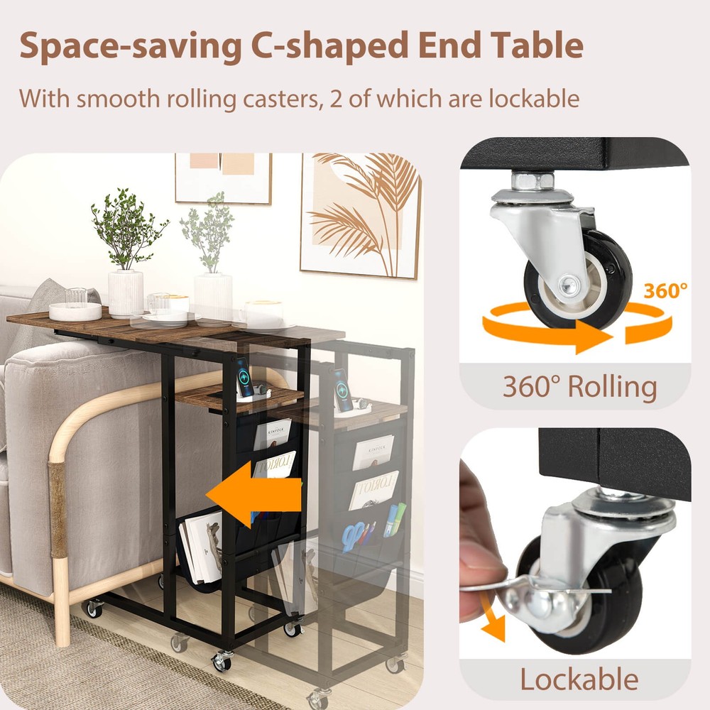 C-shaped End Table w/ Charging Station Rolling Bedside Table Couch Side Table