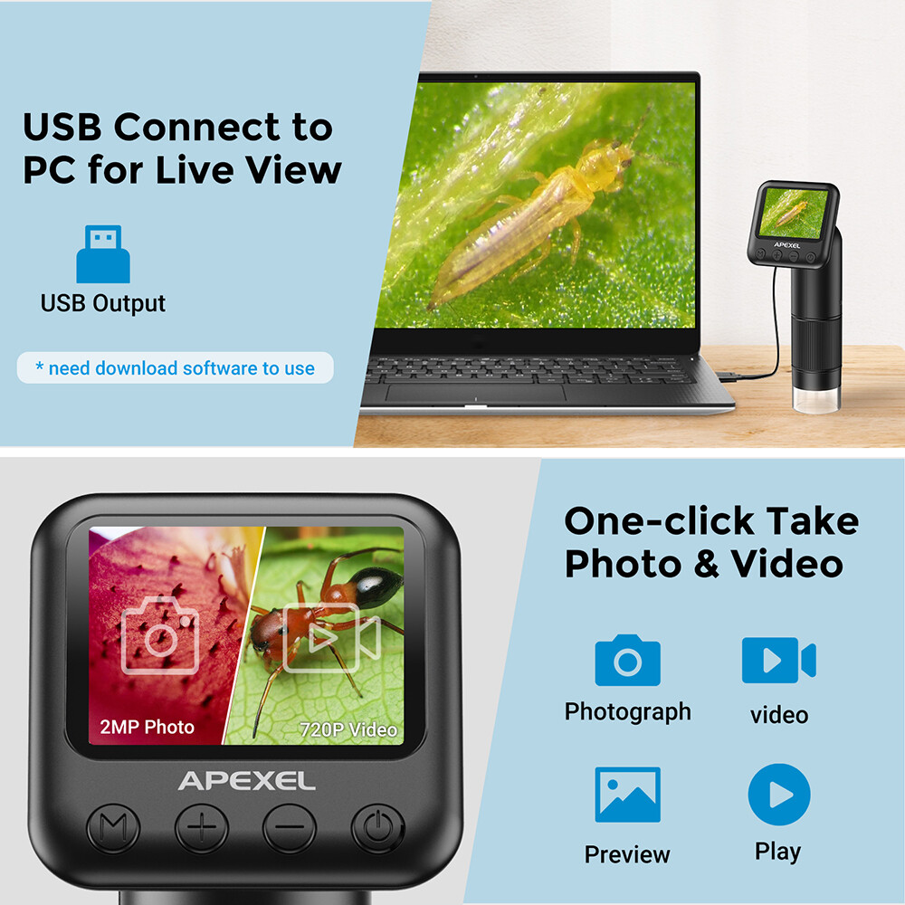 APEXEL Pocket Handheld 800X Microscope Digital Microscope Camera LCD Screen USB