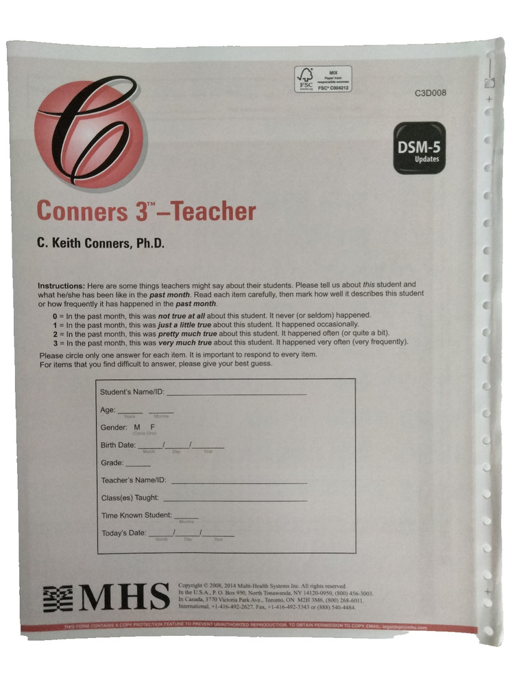 Conners 3 Teacher Handscore Forms Protocols  C3D008 DSM-5, New