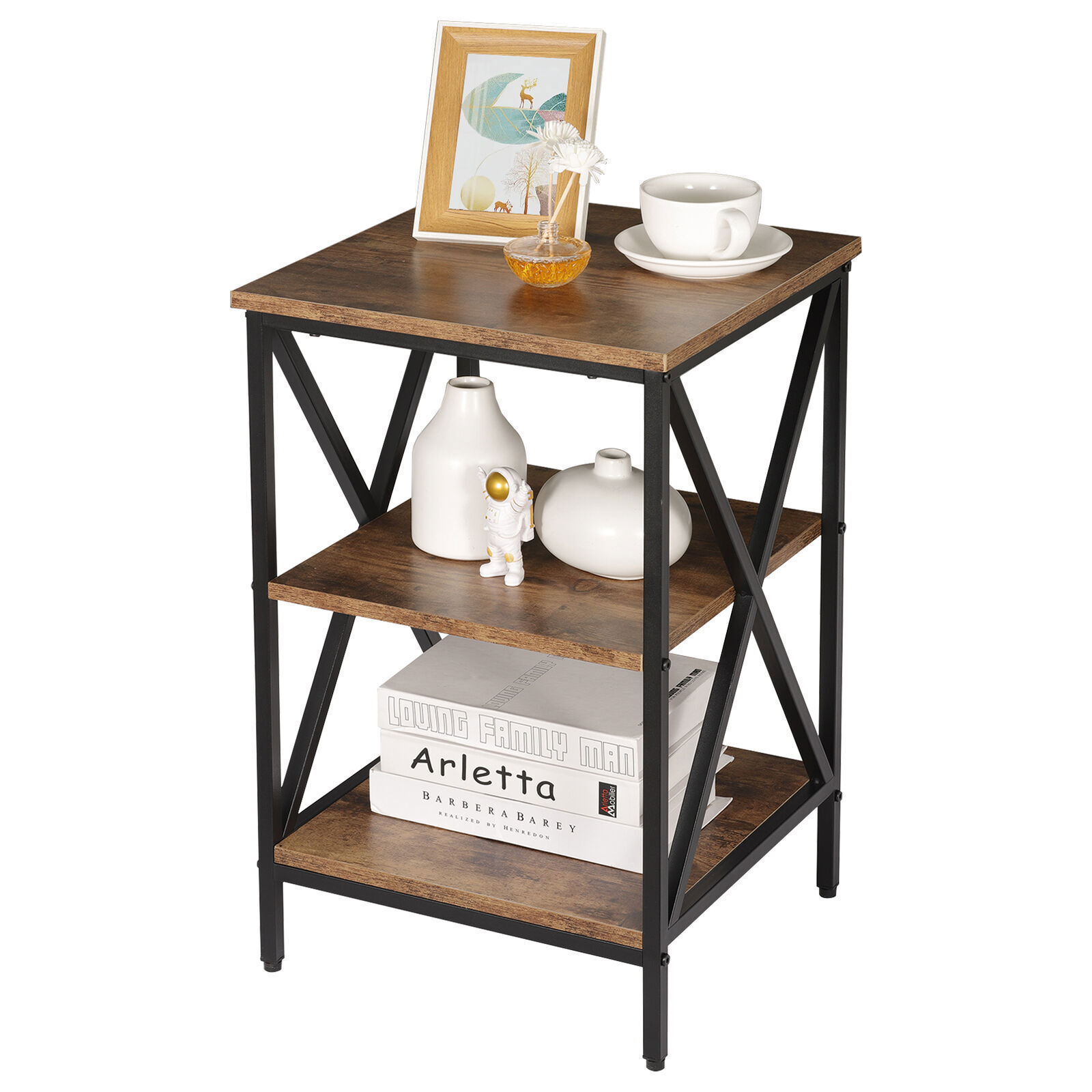 24.4" Side Table Industrial X Shape 3-Tier Small End Table Storage Sheves Brown
