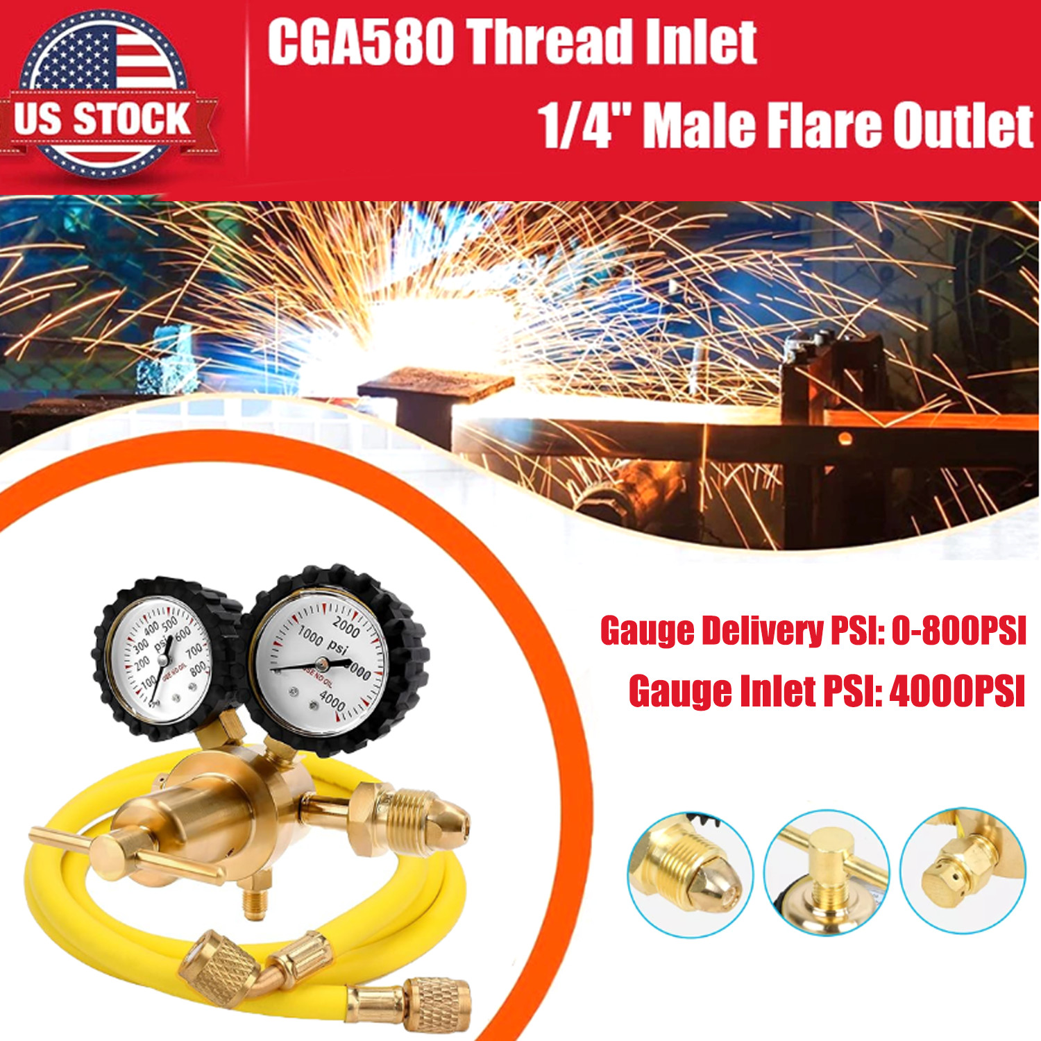 Nitrogen Gas Regulator 0-800 PSI Delivery Pressure with 80inch Hose CGA580 New